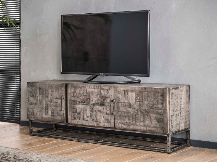 Meuble tv GRADO bois de manguier gris 3 portes